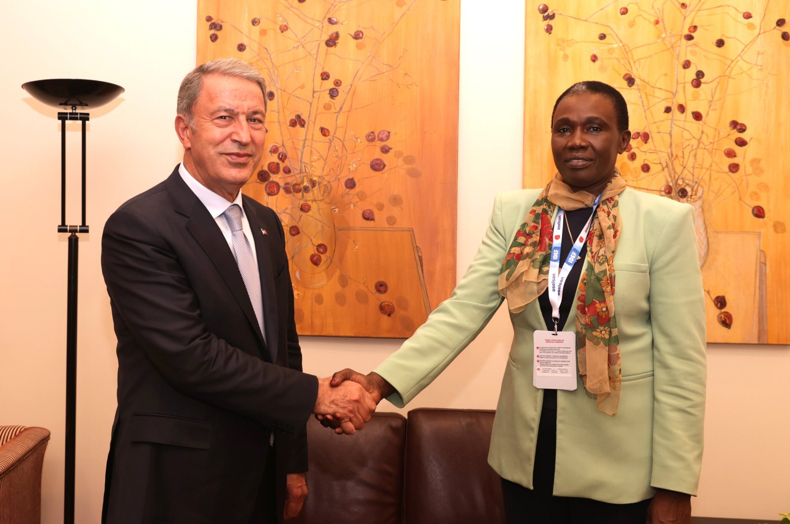 Defense Minister Hulusi Akar (L) together with South Sudan's Minister for Defense and Veterans Affairs Angelina Teny in Istanbul, Turkey, Aug. 17, 2021. (AA Photo)